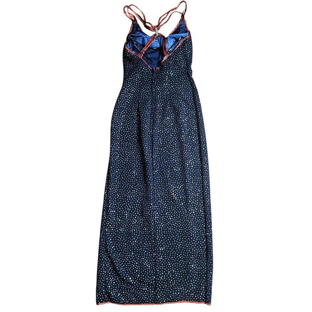 VTG LA Glo Rhinestones Embellished Glitter Maxi Dress Contrast Trim High Slit 30 - Picture 2 of 10